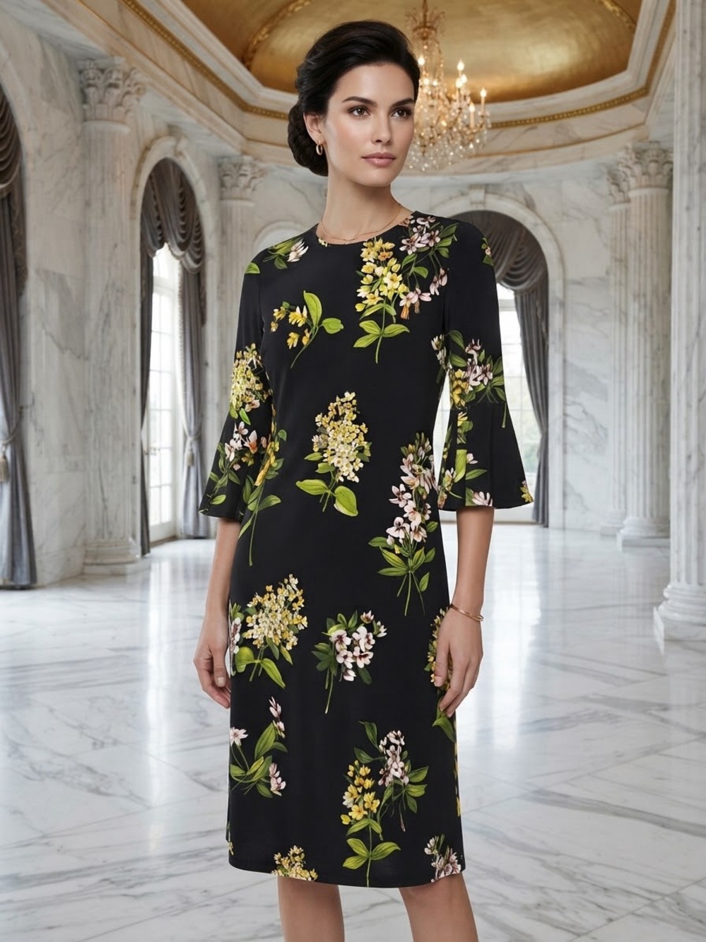 Tommy Hilfiger Black Floral Midi Dress with Bell Sleeves
